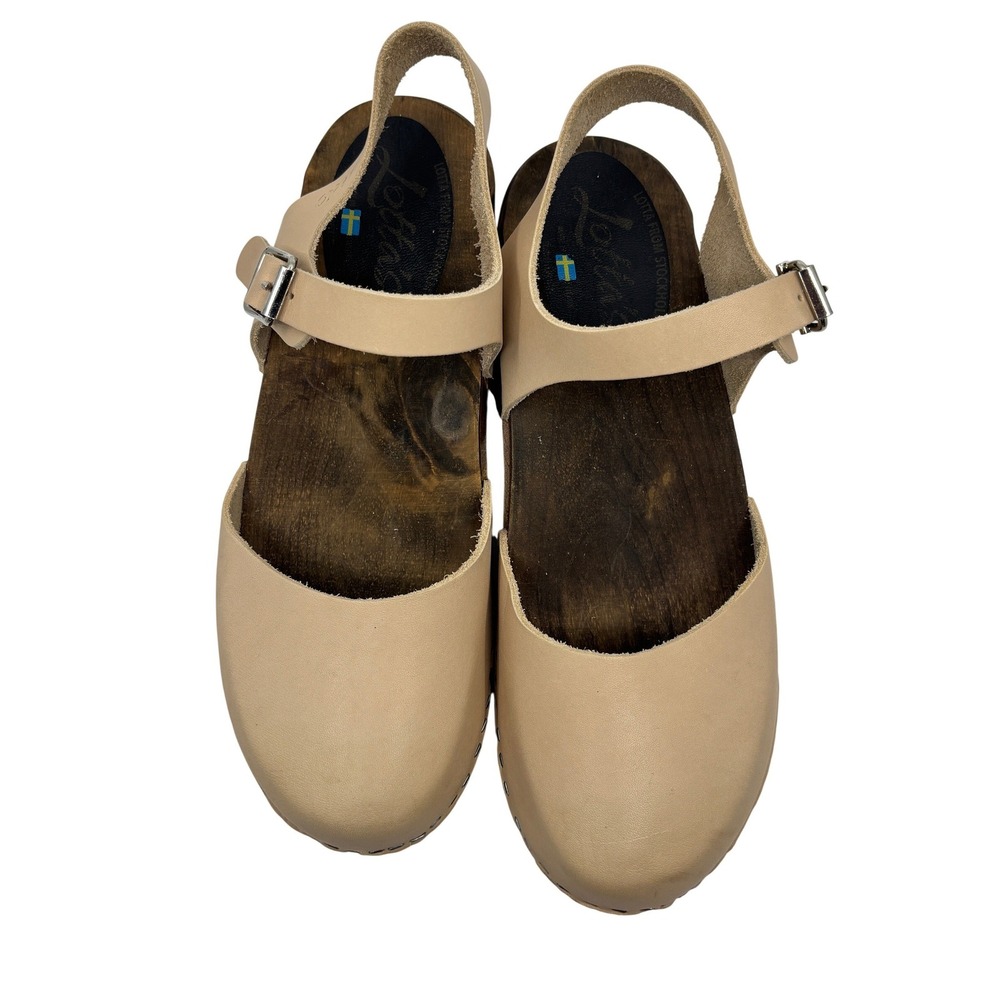 Lotta Swedish Low Wood Clog Sandal Tan Leather Mary Jane Womens EU 42